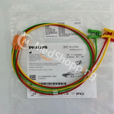 Philips M1678A — Комплект проводов CBL 3, Grabber, IEC, OR. 989803145141 Кабель 3-выводной Grabber IEC, OR, головка оранжевого цвета, ствол M3000A, M3001A, M3002A, M8102A, M8105A, M1001B, M1002B, 863063,…